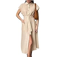 Women's Cotton Linen Button Down Dress Sleeveless Lapel Pocket Casual Solid Color Long Dresses with Belt