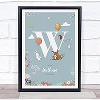 The Card Zoo New Baby Birth Details Christening Nursery Woodland Animals Initial W Gift Print