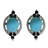 Turquoise Oval Shape Gemstone Jewelry 925 Sterling Silver Stud Earrings For Women/Girls