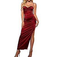 Women's Satin Spaghetti Straps Backless Ruched Bodycon Dress Slit Maxi Cocktail Elegant Dresses for Evening Party