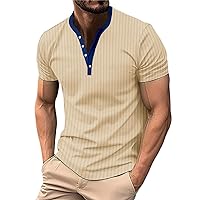 Ribbed Henley Shirts for Men Summer Slim Fit Lightweight Short Sleeve V Neck Button Up Muscle T Shirts Cruise Wear