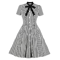 Women 1950s Vertical Striped Dress Halloween Costume Vintage Buttons Tie Rockabilly Pinup Dress 50s Cosplay Outfits