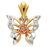 14k Yellow Gold White Gold and Rose Gold CZ Cubic Zirconia Simulated Diamond Butterfly Angel Wings Pendant Necklace 19x17mm Jewelry for Women