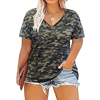 RITERA Plus Size Womens Summer Short Sleeves Tops Casual Loose V Neck T Shirts Basic Tunics Camouflage 3XL