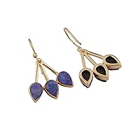 Pear Shape Ink Blue Agate Druzy Gemstone Brass Half Bezel Gold Plated Dangle Drop Hook Earring Jewelry.