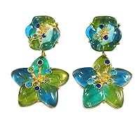 Large Solid Blue/Green Glass/Crystal Flower Drop Earrings in Gold Tone - 70mm Long/ 24g One Earring