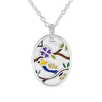 Bling Jewelry Personalize Colorful Oval Frame Inlay Style Nature Bird Cameo Pink Enamel Heart Inspirational Message Words I love You MomPendant Necklace For Women .925 Sterling Silver Customizable