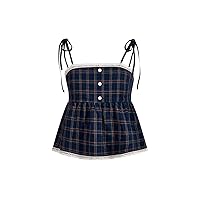 SHENHE Women's Plaid Lace Tie Shoulder Cropped Cami Tank Top Button Down Smocked Top