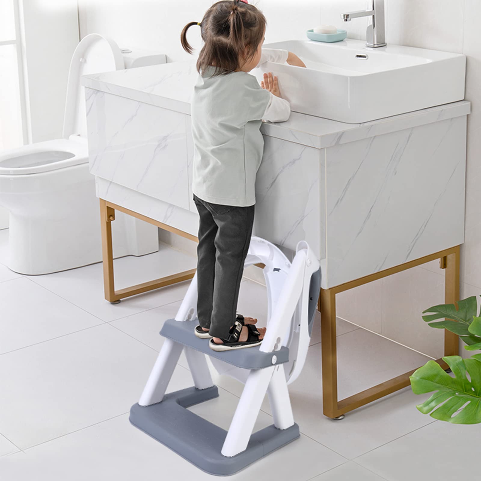Toddler Potty Training Seat with Ladder, Babevy Upgraded Triangle Design Toddler Toilet Seat for Kids, with PU Cushion 6-Leves Height Adjustment Foldable Potty Seat for Toilet Boys Girls, Deep Grey