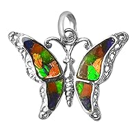 Starborn opalized canadian Ammolite 925 Sterling Silver Butterfly Pendant with Bale