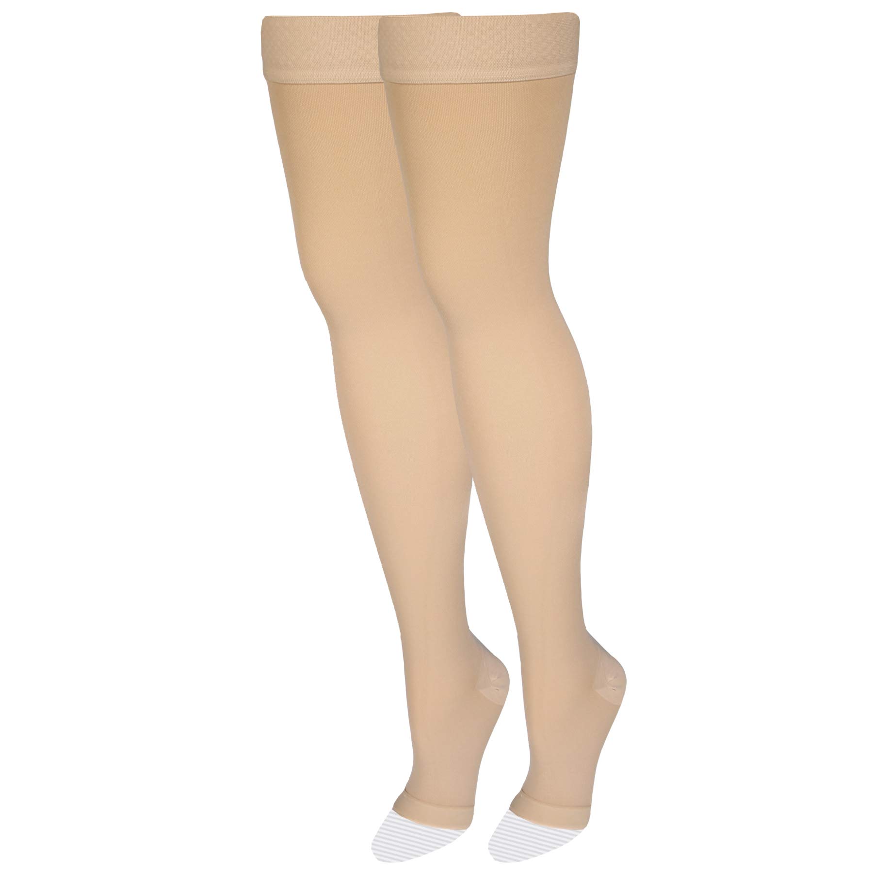 Amazon Basic Care Medical Compression Stockings, 20-30 mmHg Support, Women & Men Thigh Length Hose, Open Toe, Beige, 2X-Large (Previously NuVein)
