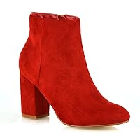 Womens Casual Block Mid High Heel Smart Ankle Boots (5 B(M) US, RED FAUX SUEDE)