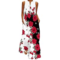 Women's 2024 Summer Dress Boho Floral Maxi Sundress Casual Sleeveless V Neck Flowy Beach Long Dress Vacation Fashion