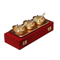 Gold Plated Apple Shaped Bowl Set for Diwali Gift- (30.5 x 12.7 x 6.3 cm) (3 Bowls, 3 Spoons and 1 Tray) by Indian Collectible