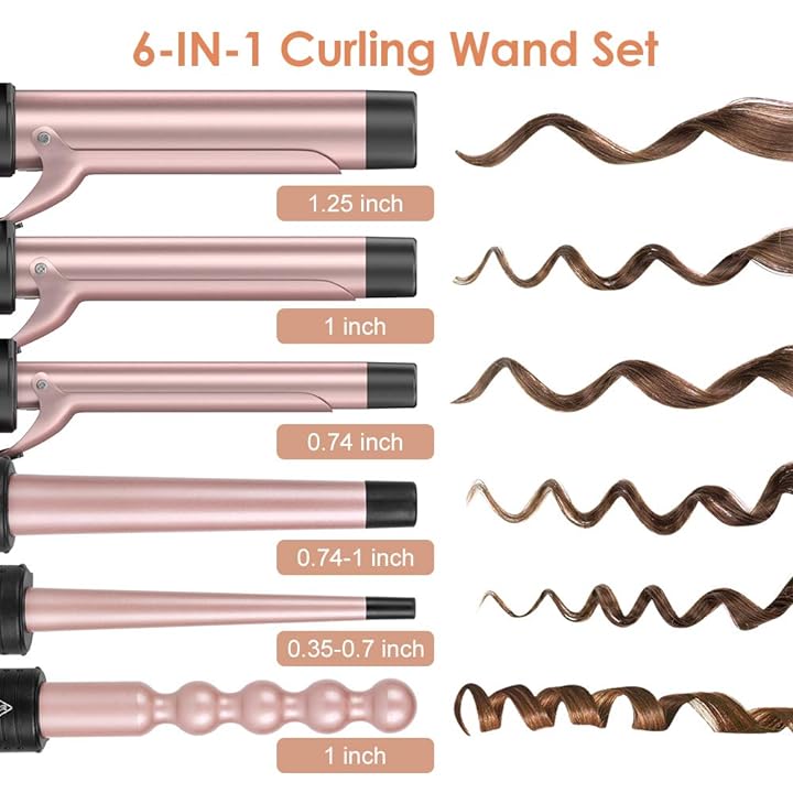 Mua 6-IN-1 Curling Iron, Professional Curling Wand Set, Instant Heat Up Hair  Curler with 6 Interchangeable Ceramic Barrels ('' to '') and 2  Temperature Adjustments, Heat Protective Glove & 2 Clips trên