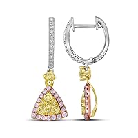 14kt White Gold Womens Round Yellow Pink Diamond Triangle Dangle Earrings 1.00 Cttw