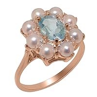 10k Rose Gold Natural Aquamarine & Cultured Pearl Womens Cluster Ring - Sizes 4 to 12 Available