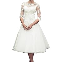 Lorderqueen Women's 3/4 Sleeve Tea Length Lace Wedding Dress Bridal Gowns