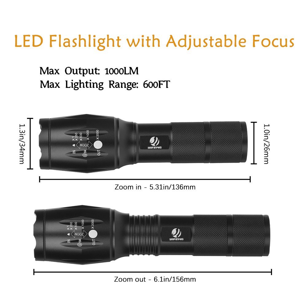 yIFeNG Tactical Flashlight Led Flashlight High Lumens S1000 - XML T6 Upgraded Flash Light Ultra Bright with Zoomable 5 Modes, Camping Accessories for Outdoor Emergency Gear (2 Pack)