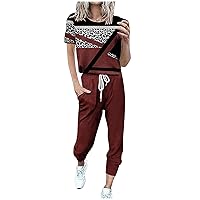 Womens 2 Piece Outfits Summer Fashion Leopard Sets Casual Short Sleeve Tops and Drawstring Jogger Pants Tracksuits