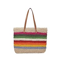 Women Summer Retro Straw Bag Hand-woven Colorful Large Boho Shoulder Bag Handle Beach Handbags with Leather Shoulder Strap