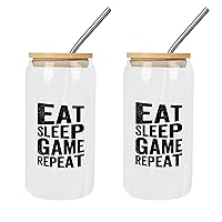 2 Pack Glass Cup with Bamboo Lid And Straw Eat Sleep Game Repeat Glass Cup Happy Mother's Day Cups Great For For Soda s Whiskey