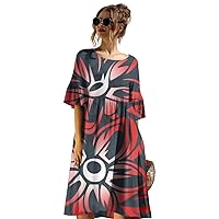Casual Trumpet Sleeves Dress Women Bark Wrinkled A-line Dress, Polynesian Tribal Dress