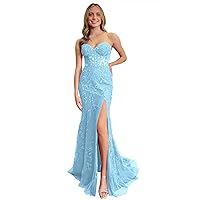 Lace Appliques Tulle Prom Dresses for Women Mermaid Ball Gown Sweetheart Strapless Evening Formal Dress with Slit