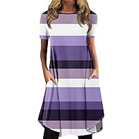 Work Dresses for Women 2024 Casual Sundress Solid Color/Print Round Neck Pullover Mini Dress Loose Short Sleeve Dress Purple Medium