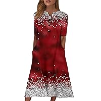 Autumn Wedding Calf-Length Dress Women Short Sleeve Novelty Crewneck American Flag Tunic Dress Regular Cotton Red M