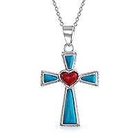 Bling Jewelry South Western Style Semi Precious Gemstones Red Heart Cross Pendant Religious .925 Sterling Silver Necklace For Women Teen