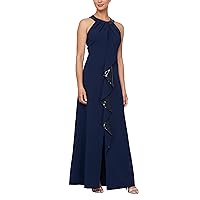 S.L. Fashions Women's Long Halter Neckline Crepe Gown w Cascade Ruffle, Mother of The Bride Dress (Petite and Regular Sizes), Navy Sequin, 14P