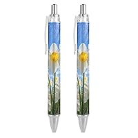 Daffodils White Flowers Ballpoint Pens Black Ink Ball Point Pen Retractable Journaling Pen Work Pens for Men Women Office Supplies 2 PCS