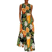 Beer Hawaiian Orange Women's Summer Sleeveless Long Dress V-Neck Ankle Maxi Dresses with Pockets