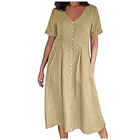 Women's Vintage Cotton Linen Dress Frill Trim Button Down 3/4 Sleeve Casual Midi Dresses Summer Loose Flowy Sundress, Short Sleeve V Neck Button Down Dress with Pocket