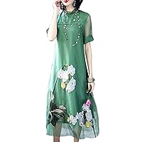 Everyday Dress Silk Organdy Chinese Embroidery Dress Loose Style of Vertical Collar BuckleH1882