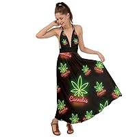 CowCow Womens Marijuana Cannabis Leaf Plant Marihuana Leaves Party Backless Maxi Beach V Neck Dress, XS-3XL