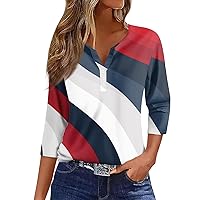 4th of July Summer Tops for Women 2024 Henley Neck 3/4 Sleeve Blouses Button Down Print T Shirts Graphic Tees
