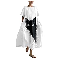 Linen Dress for Women Summer 2024 Fashion Cat Print Oversized Japanese Art Crewneck Short Sleeved Casual Dress