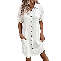 Short Formal Dresses for Women, New Women's Casual Buttoned Mid Length Sleeve Loose Dress Summer, S XXL