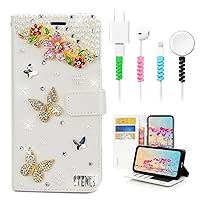 STENES Bling Wallet Phone Case Compatible with iPhone 15 Pro Case - Stylish - 3D Handmade Floral Butterfly Flowers Leather Girls Women Cover with Cable Protector [4 Pack] - Colorful