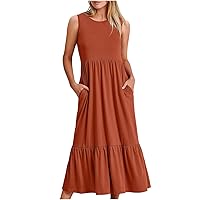 Deal of The Day Prime Today Women Summer Dresses with Pocket, Casual Long Dress Solid Sleeveless Ruffle Hem Maxi Dresses Crewneck Tshirt Dress Classy Dresses for Women Khaki