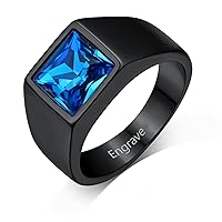 Custom4U Birthstone Signet Ring with Name Engraved,Personalized Stainless Steel/Gold Plated/Black Square Gemstone Rings Size 7-14,Fashion Memorial Jewelry Gifts for Men Women