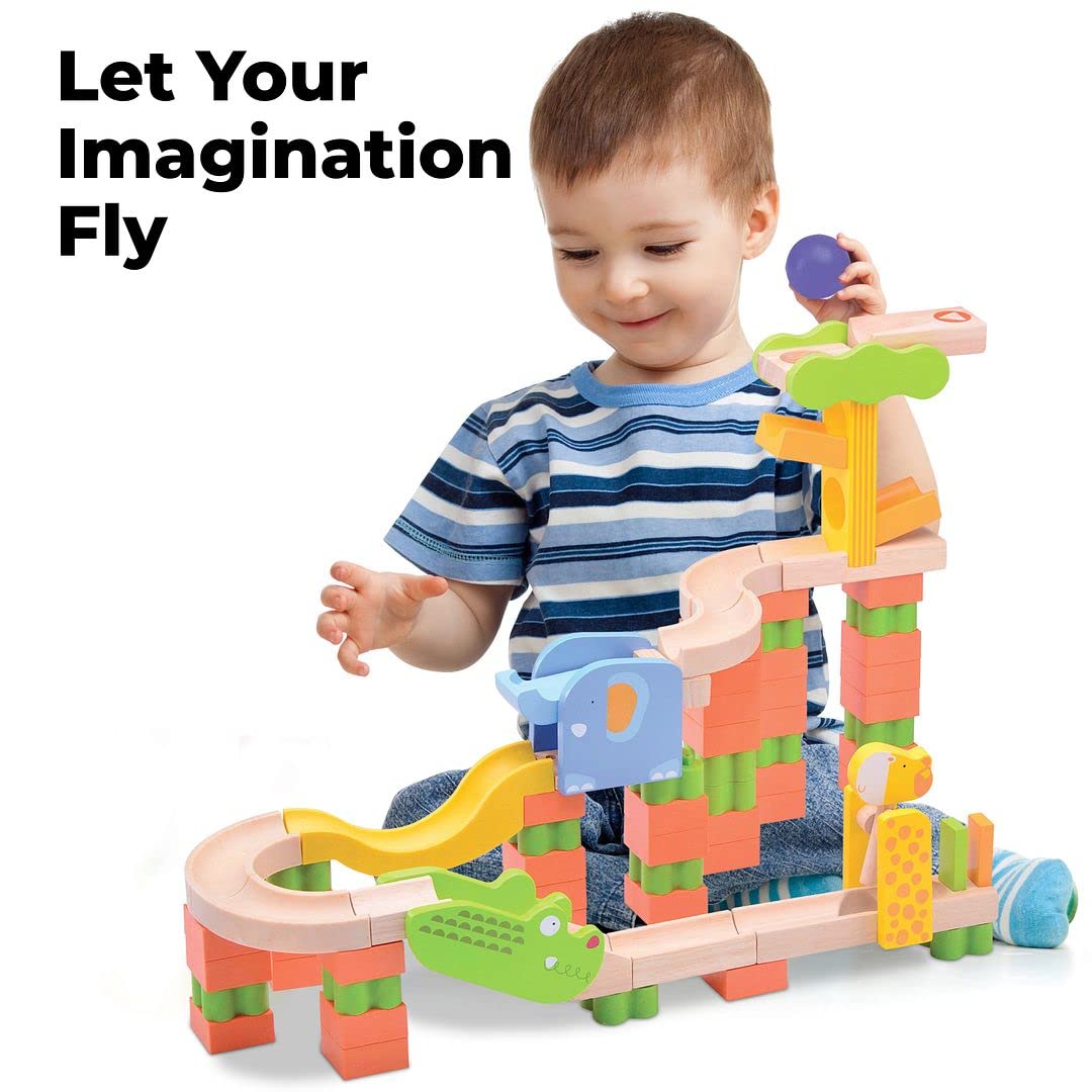 Wooden Marble Run for Kids Ages 4-8-Kids Marble Track Run, 65 Colorful Wooden Block Pieces and 2 Marbles Toys, Wooden Marble Safari Track Maze,STEM Learning, for Boys and Girls, Top Right Toys