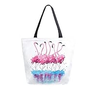 ALAZA Large Canvas Tote Bag Pink Flamingo Watercolor Animal Painting Shopping Shoulder Handbag with Small Zippered Pocket