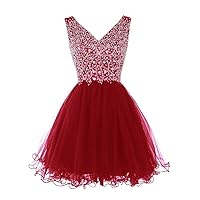 Women's Short V-Neck Beaded Tulle Cocktail Party Homecoming Dress