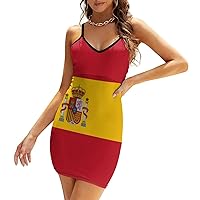Spain Flag Women's Sling Dress Sexy V-Neck Dress Sleeveless Spaghetti Strap Mini Dress Bodycon Dresses