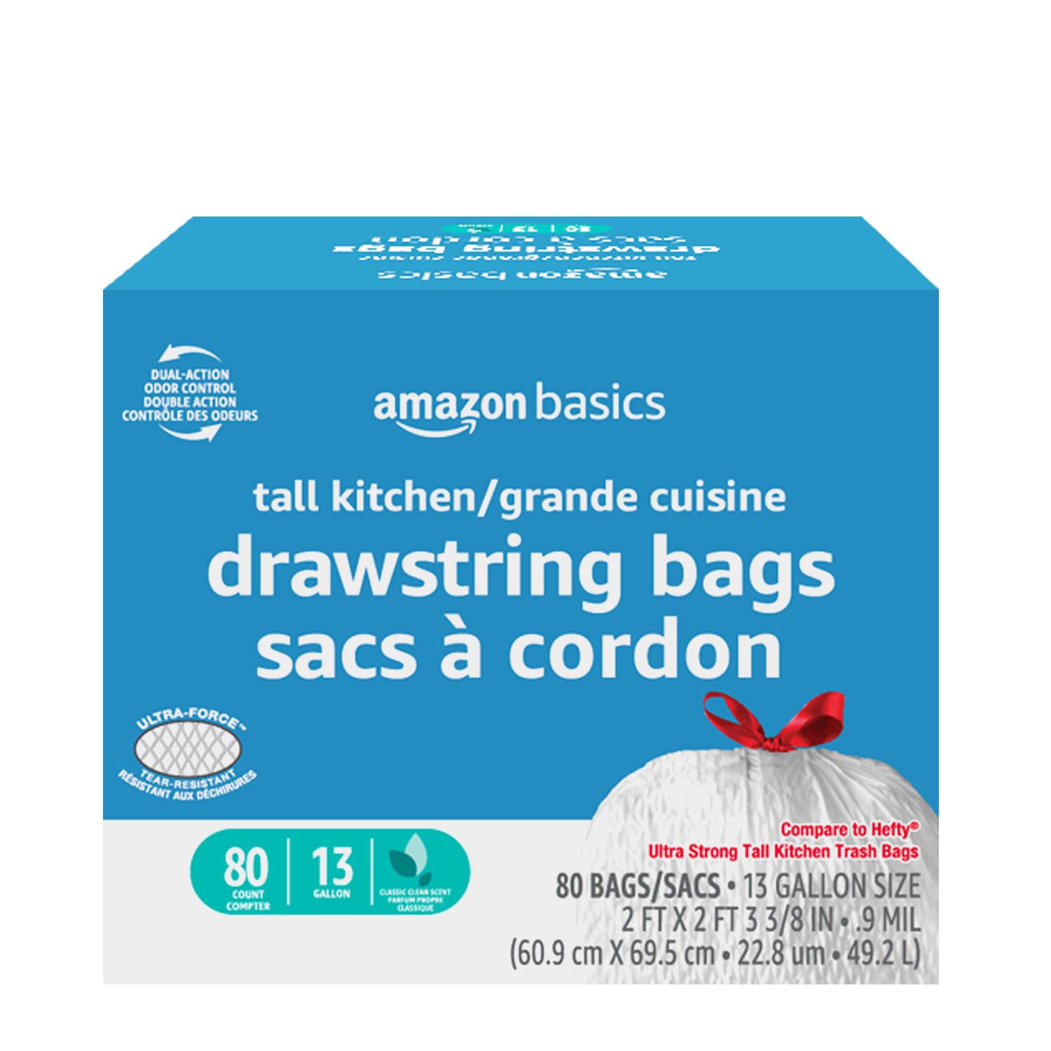Amazon Basics Force Flex Tall Kitchen Drawstring Trash Bags, Classic Clean Scented, 13 Gallon, 80 Count, Pack of 1