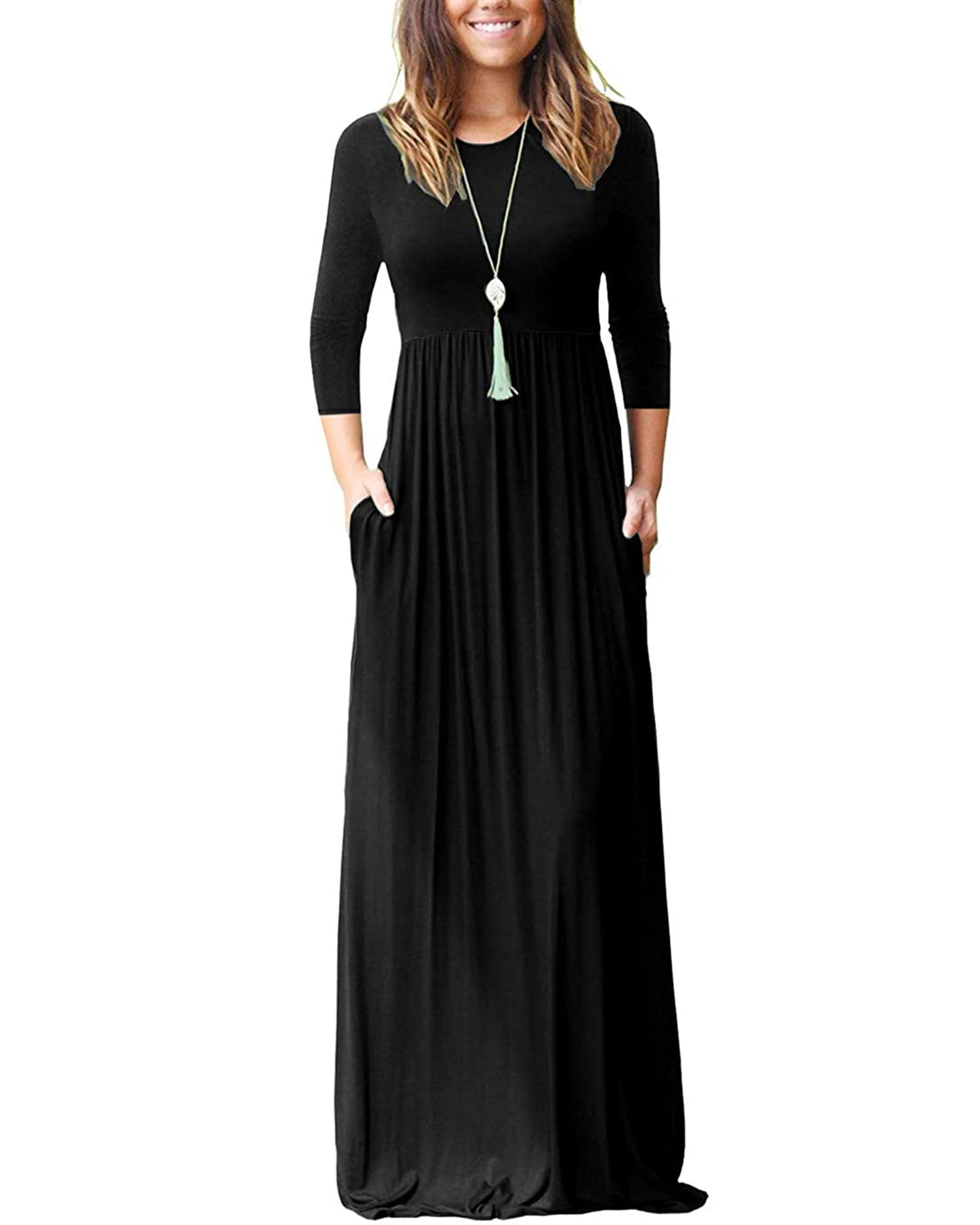WNEEDU Women's 3/4 Sleeve Loose Casual Long Maxi Dresses with Pockets