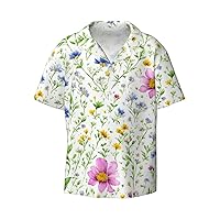 Retro Flower Art Men's Summer Short-Sleeved Shirts, Casual Shirts, Loose Fit with Pockets